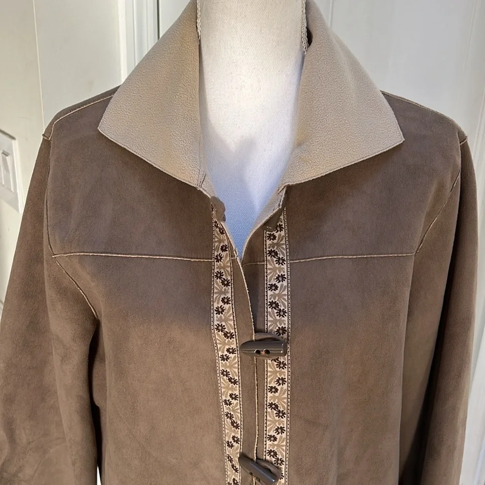 Alfred Dunner Womens Faux Suede Jacket Brown Embroidered Cottagecore‎ Size 12